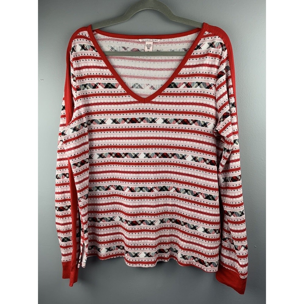Victoria's Secret Top Womens Large Red White Striped Thermal Waffle Knit V-Neck